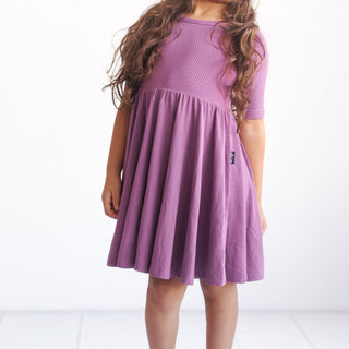 MID SLEEVE TWIRL DRESS- Plum Ribbed