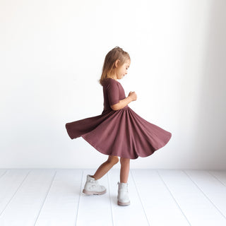 MID SLEEVE TWIRL DRESS- Black Cherry Ribbed