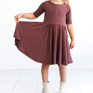 MID SLEEVE TWIRL DRESS- Black Cherry Ribbed