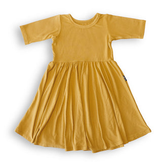 MID SLEEVE TWIRL DRESS- Honey Mustard Ribbed