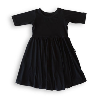 MID SLEEVE TWIRL DRESS- Midnight Ribbed