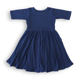 MID SLEEVE TWIRL DRESS- Navy Ribbed