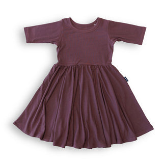 MID SLEEVE TWIRL DRESS- Black Cherry Ribbed