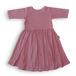 MID SLEEVE TWIRL DRESS- Mauve Ribbed