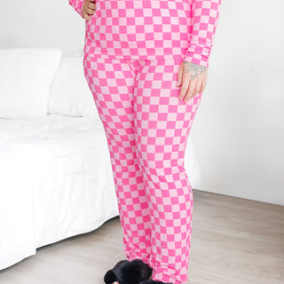 WOMEN'S PAJAMA SET- Pink Check Ribbed