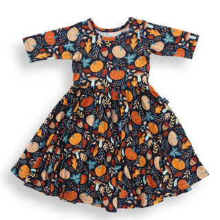 MID SLEEVE TWIRL DRESS- Pumpkin Leaves