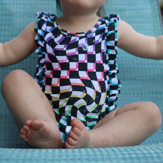 RUFFLE SWIMSUIT- Neon Dizzy Check