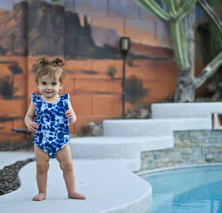 RUFFLE SWIMSUIT- Blue Tie Dye