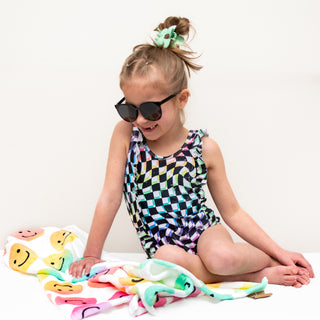 RUFFLE SWIMSUIT- Neon Dizzy Check