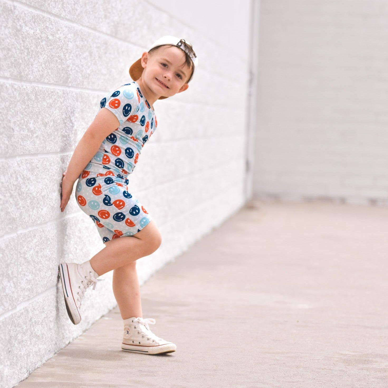 TWO PIECE SHORTIE SET- Red White + Blue Smiles Bamboo