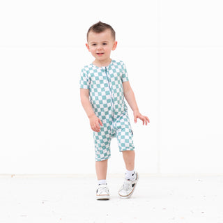 SHORTIE ZIP ROMPER - Sage Check