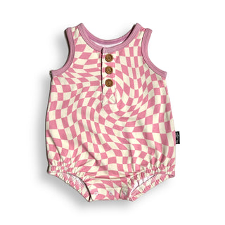 ORGANIC COTTON HENLEY ROMPER- Pink Dizzy Check