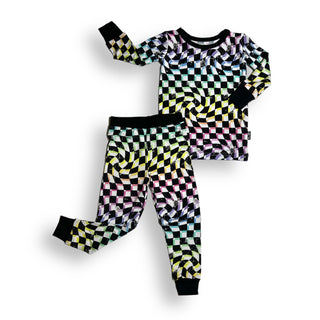 LONG SLEEVE 2 PIECE SETS- Neon Dizzy Check