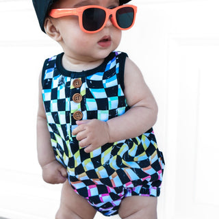 ORGANIC COTTON HENLEY ROMPER- Neon Dizzy Check