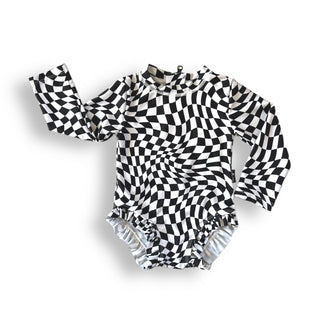 RUFFLE RASH GUARD- Black Dizzy Check