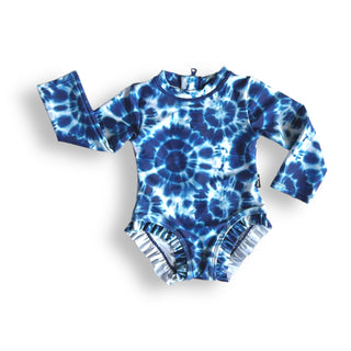 RUFFLE RASH GUARD- Blue Tie Dye