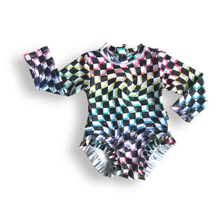 RUFFLE RASH GUARD- Neon Dizzy Check