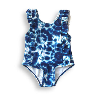 RUFFLE SWIMSUIT- Blue Tie Dye