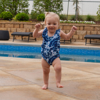 RUFFLE SWIMSUIT- Blue Tie Dye