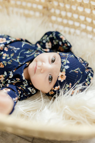 BEANIE- Navy Floral Rib | millie + roo.