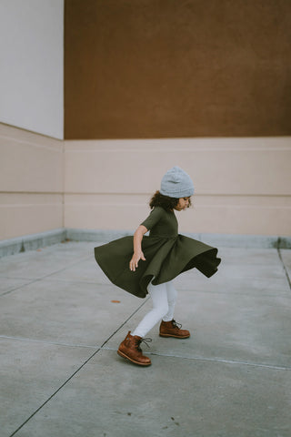 DRESS MID SLEEVE- Olive Rib Twirl Dress | millie + roo.