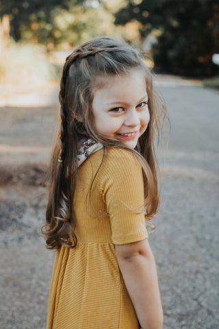 DRESS MID SLEEVE- Mustard Rib Twirl Dress | millie + roo.