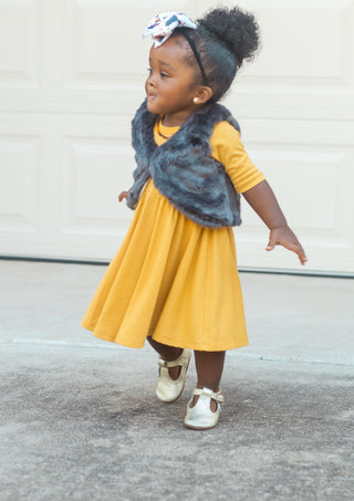 DRESS MID SLEEVE- Mustard Rib Twirl Dress | millie + roo.