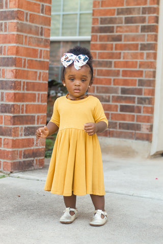 DRESS MID SLEEVE- Mustard Rib Twirl Dress | millie + roo.