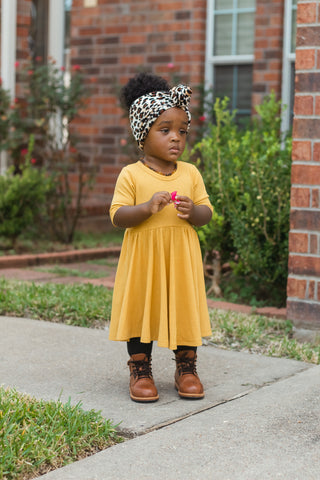 DRESS MID SLEEVE- Mustard Rib Twirl Dress | millie + roo.