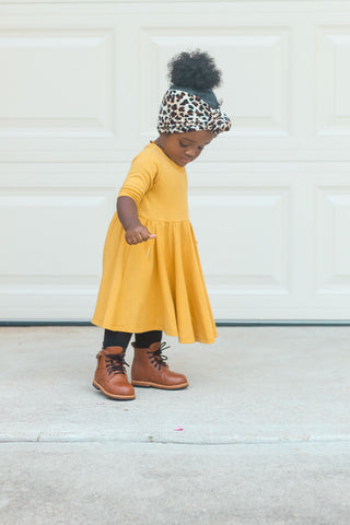 DRESS MID SLEEVE- Mustard Rib Twirl Dress | millie + roo.