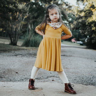 DRESS MID SLEEVE- Mustard Rib Twirl Dress | millie + roo.