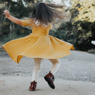 DRESS MID SLEEVE- Mustard Rib Twirl Dress | millie + roo.