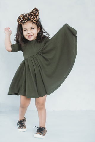 DRESS MID SLEEVE- Olive Rib Twirl Dress | millie + roo.