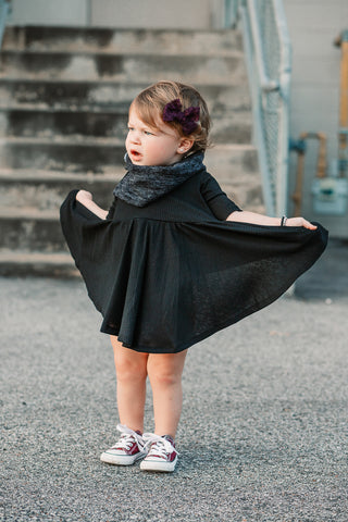 MID SLEEVE- Black Rib Twirl Dress | millie + roo.