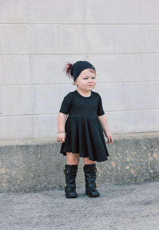 MID SLEEVE- Black Rib Twirl Dress | millie + roo.