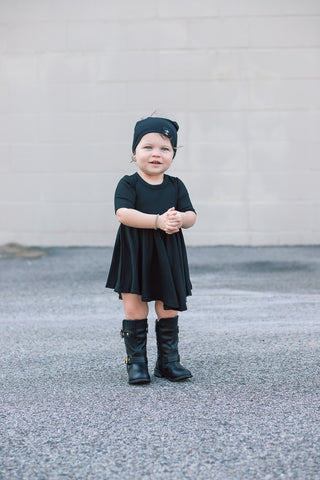 MID SLEEVE- Black Rib Twirl Dress | millie + roo.