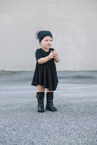 MID SLEEVE- Black Rib Twirl Dress | millie + roo.